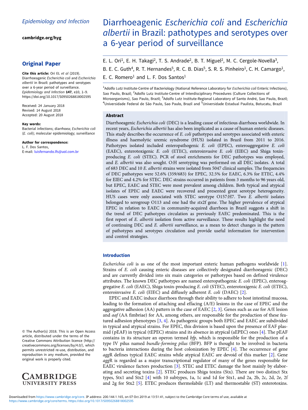 Diarrhoeagenic Escherichia Coli and Escherichia Albertii in Brazil: Pathotypes and Serotypes Over Cambridge.Org/Hyg a 6-Year Period of Surveillance