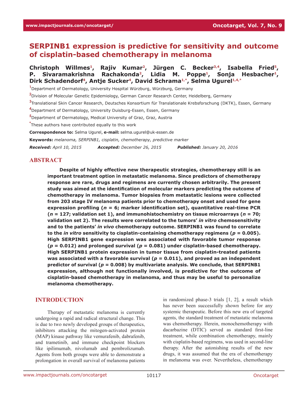 SERPINB1 Expression Is Predictive for Sensitivity and Outcome of Cisplatin-Based Chemotherapy in Melanoma