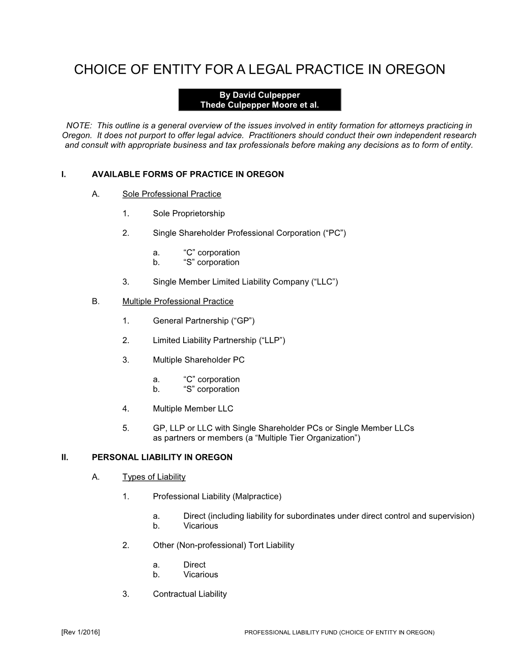 Choice of Entity for a Legal Practice in Oregon