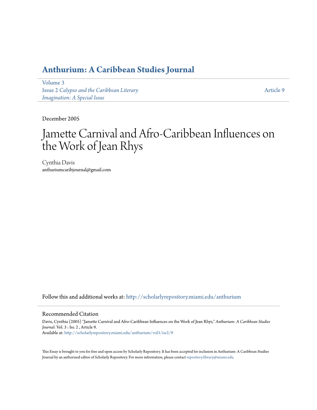 Jamette Carnival and Afro-Caribbean Influences on the Work of Jean Rhys Cynthia Davis Anthuriumcaribjournal@Gmail.Com