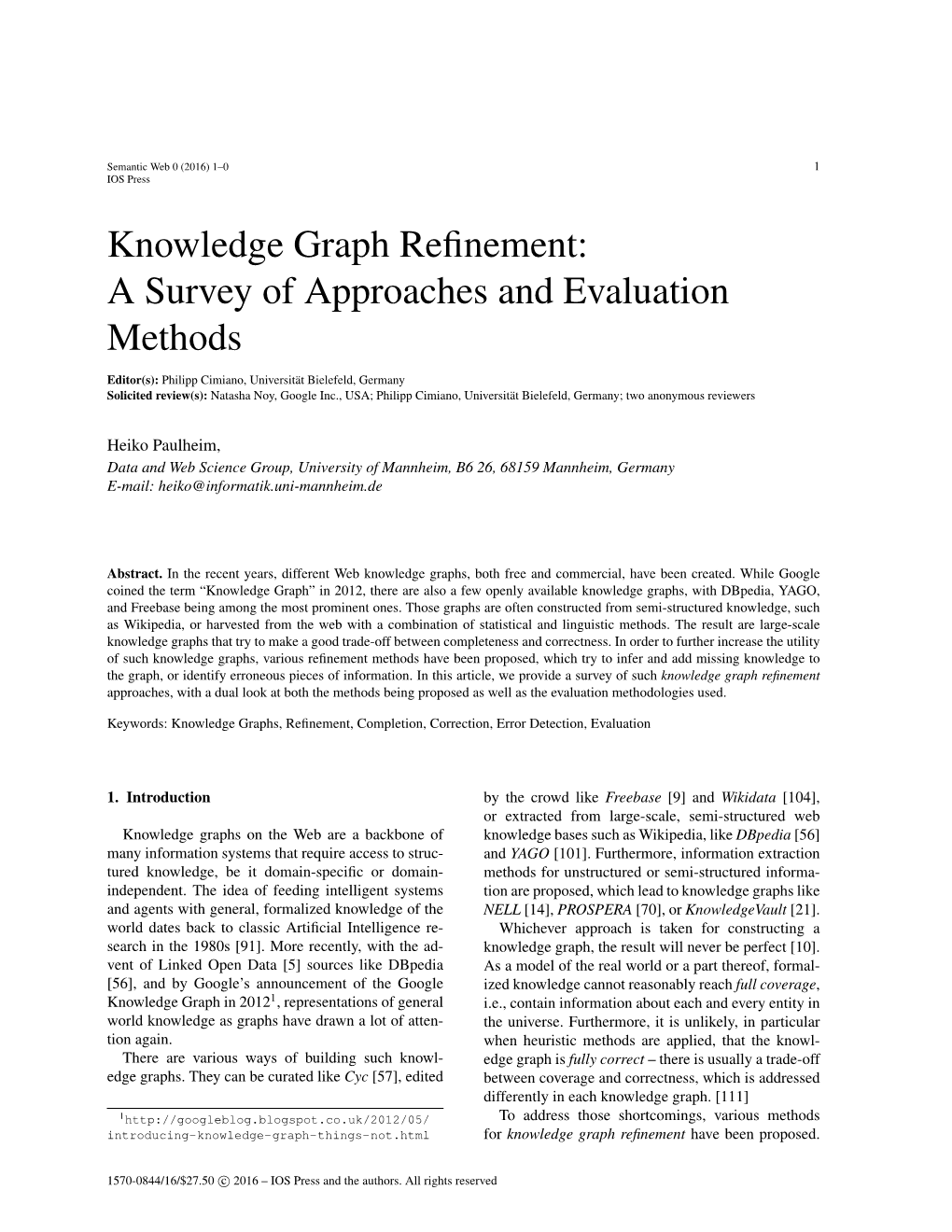 Knowledge Graph Refinement: a Survey of Approaches And