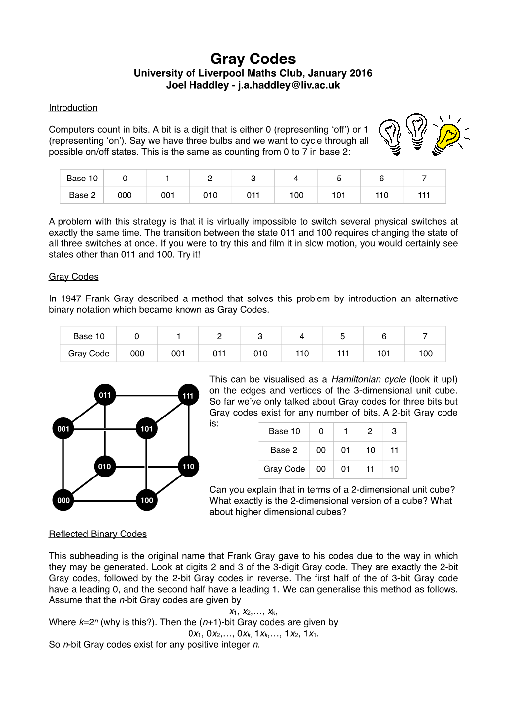 Gray Codes University of Liverpool Maths Club, January 2016 Joel Haddley - J.A.Haddley@Liv.Ac.Uk