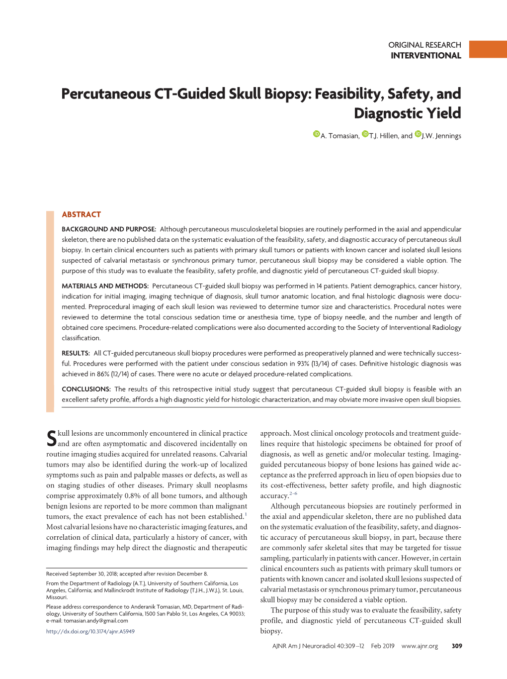 Percutaneous CT-Guided Skull Biopsy: Feasibility, Safety, and Diagnostic Yield