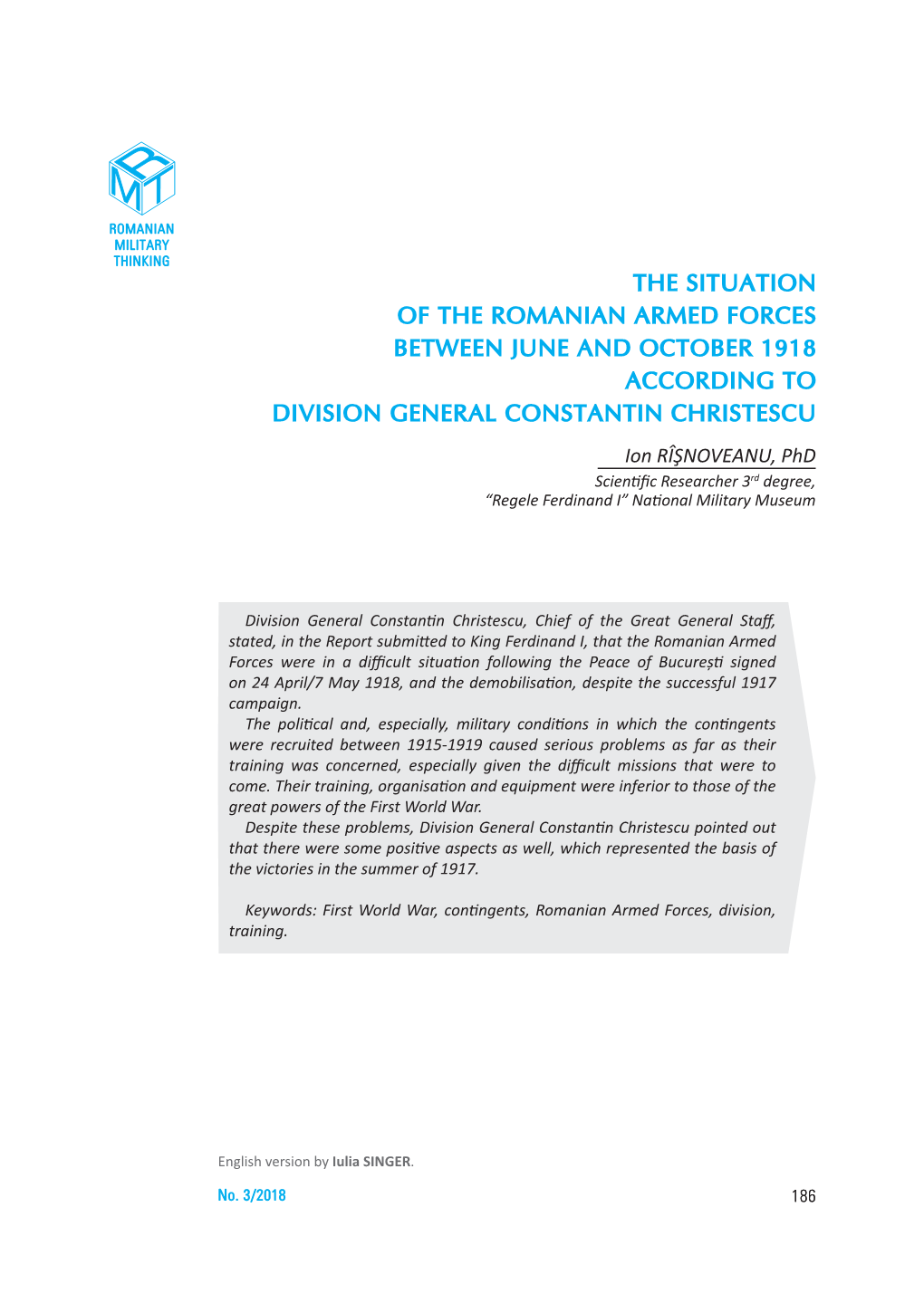 The Situation of the Romanian Armed Forces Between June and October 1918 According to Division General Constantin Christescu