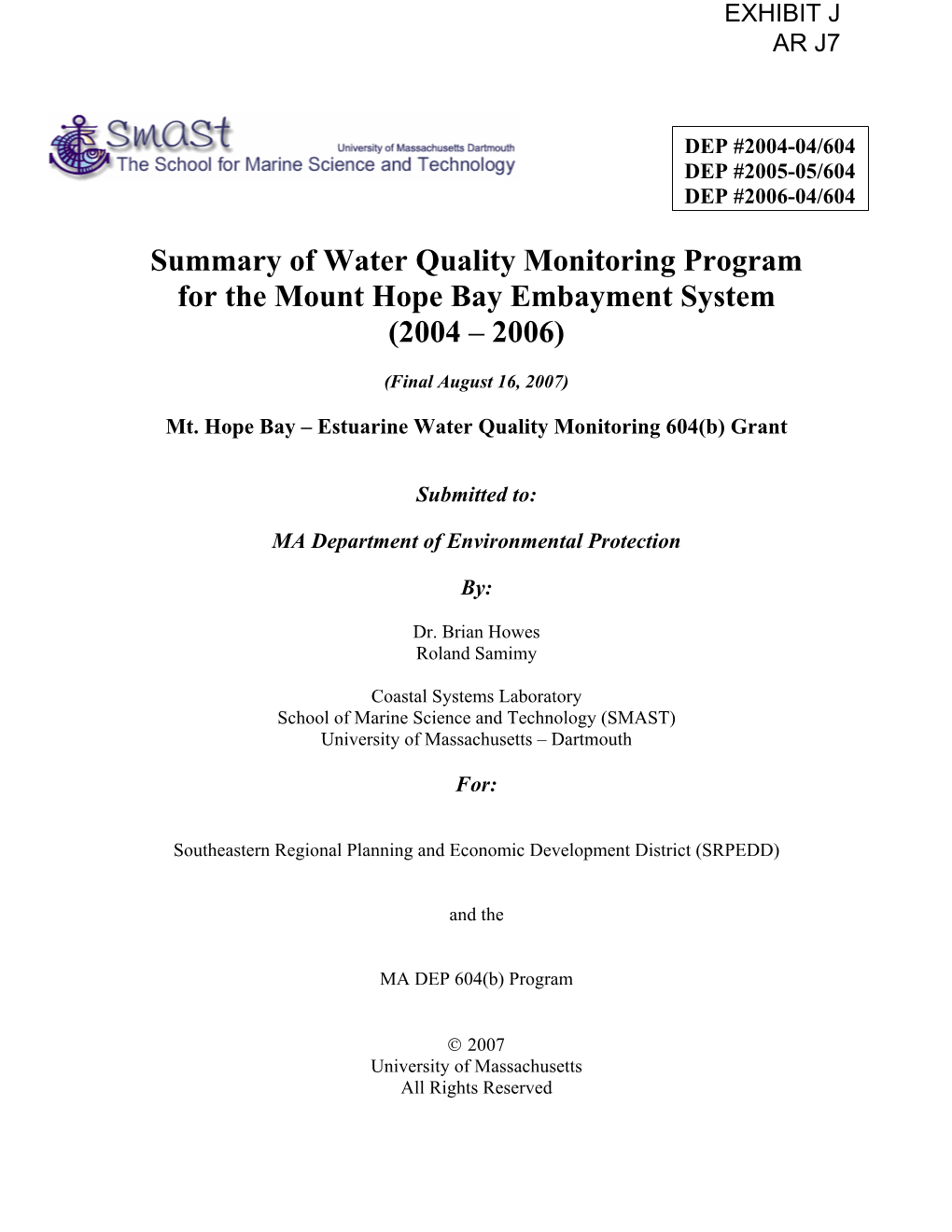 Summary of Water Quality Monitoring Program for the Mount Hope Bay Embayment System (2004 – 2006)