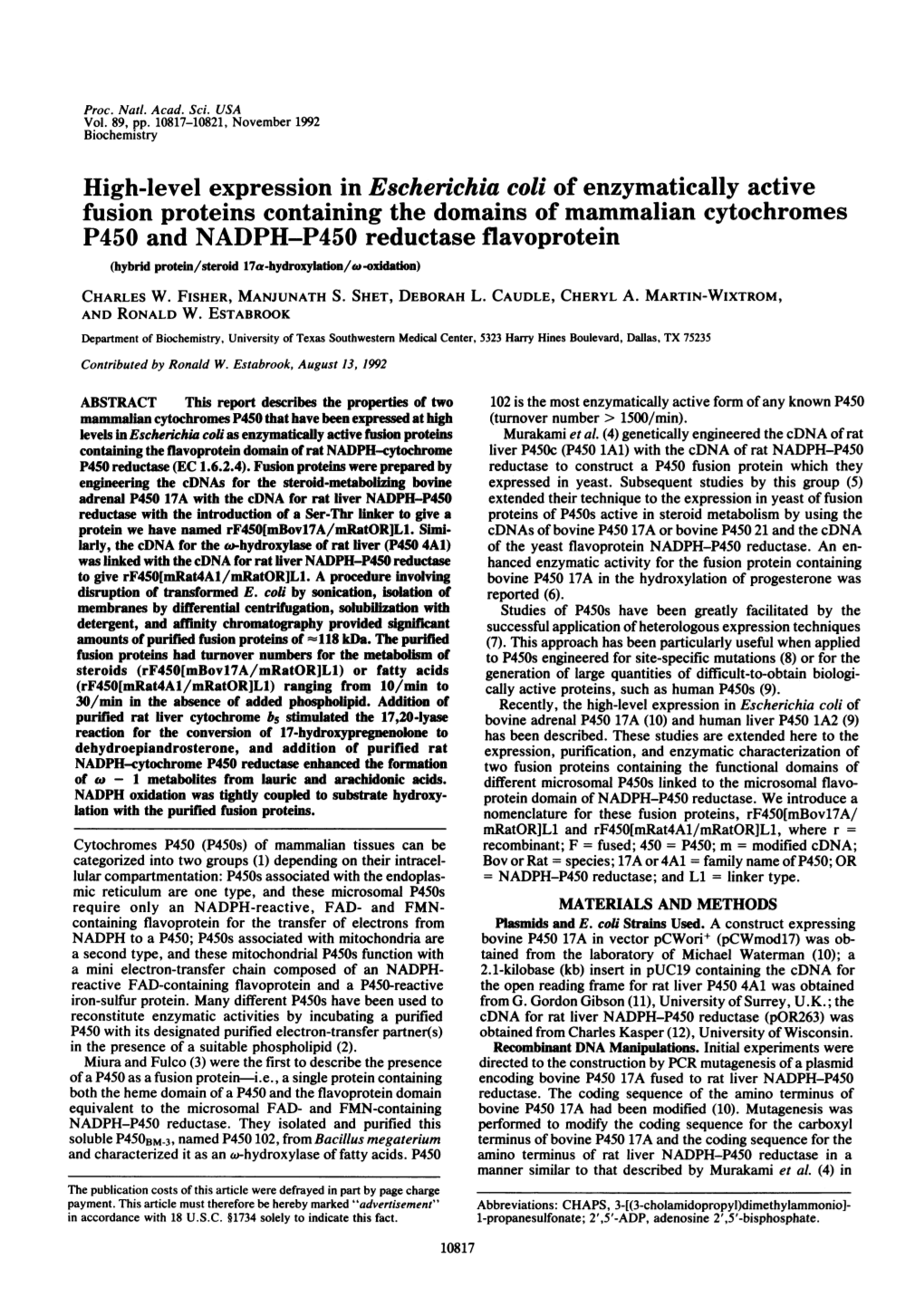 High-Level Expression in Escherichia Coli of Enzymatically Active Fusion