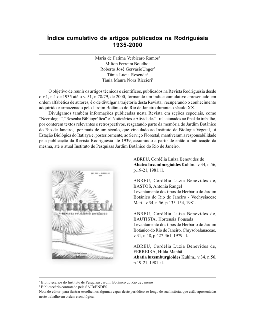Índice Cumulativo De Artigos Publicados Na Rodriguésia 1935-2000