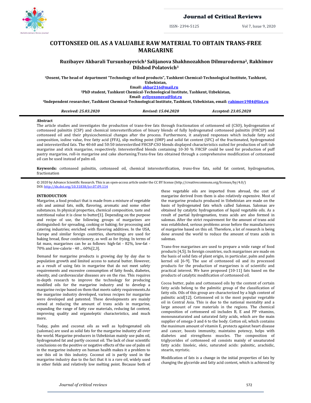 Cottonseed Oil As a Valuable Raw Material to Obtain Trans-Free Margarine