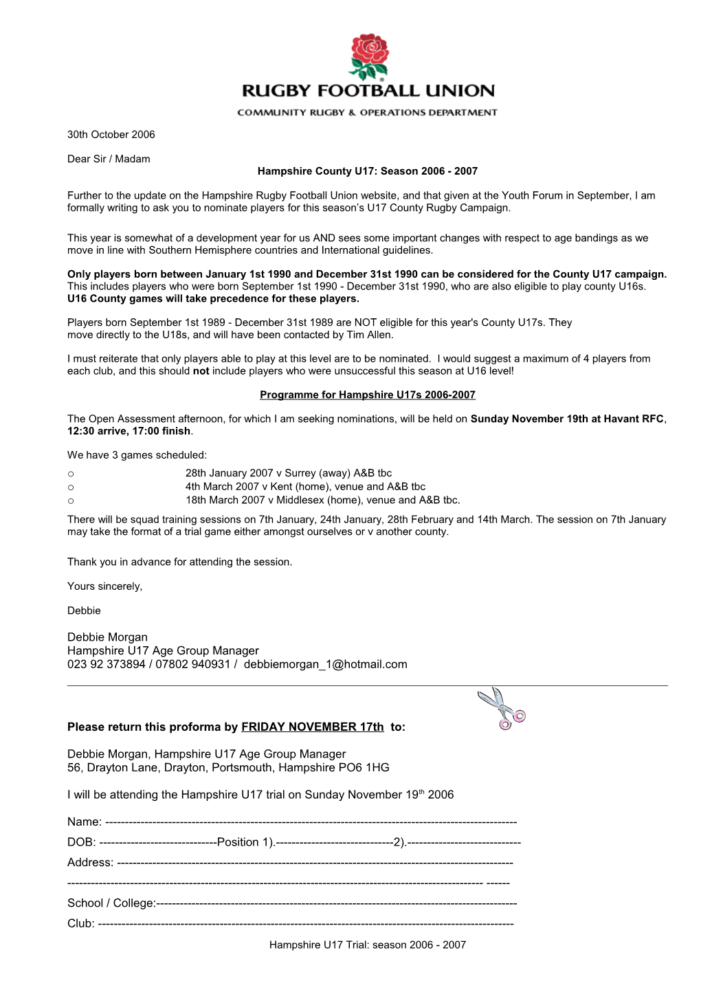 Hampshire County U17: Season 2006 - 2007