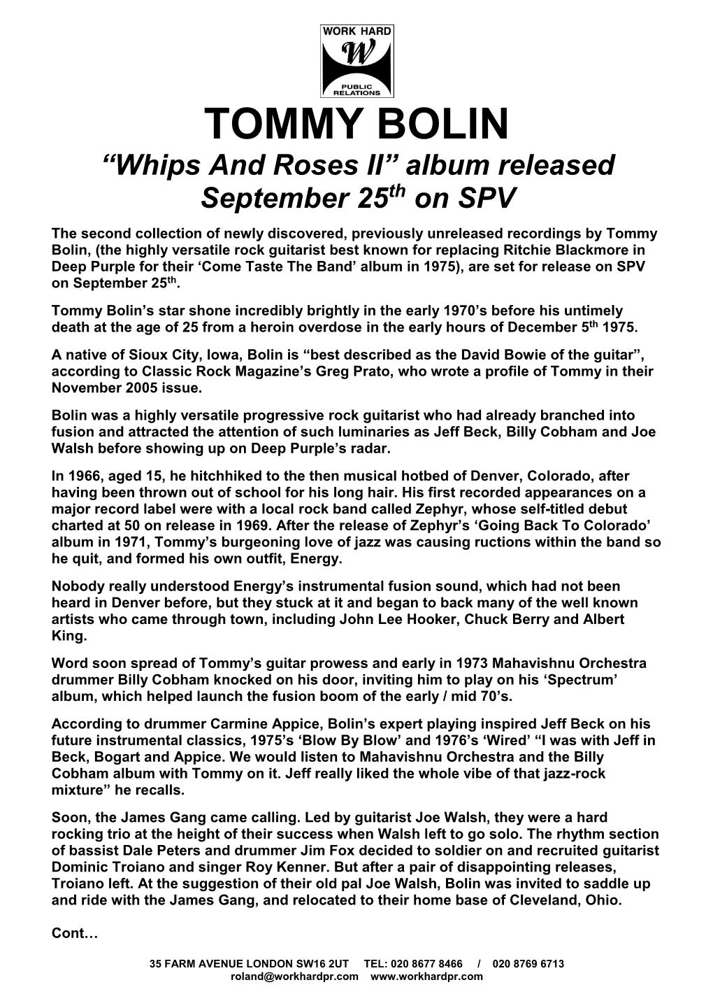 TOMMY BOLIN “Whips and Roses II” Album Released September 25Th on SPV