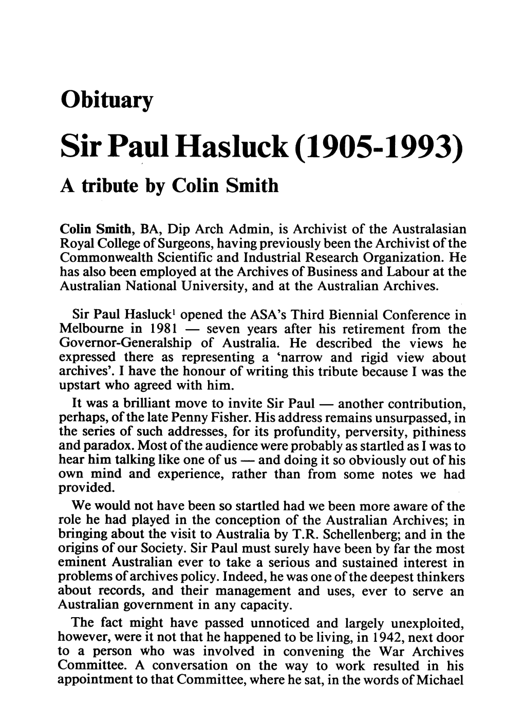 Sir Paul Hasluck (1905-1993) a Tribute by Colin Smith