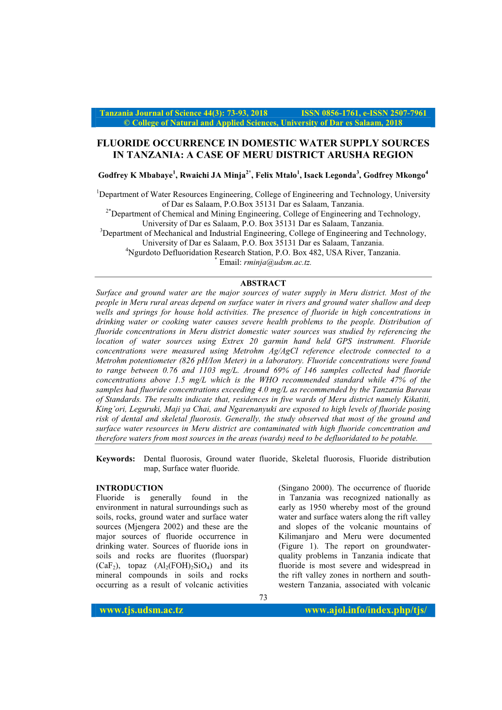 Fluoride Occurrence in Domestic Water Supply Sources in Tanzania: a Case of Meru District Arusha Region