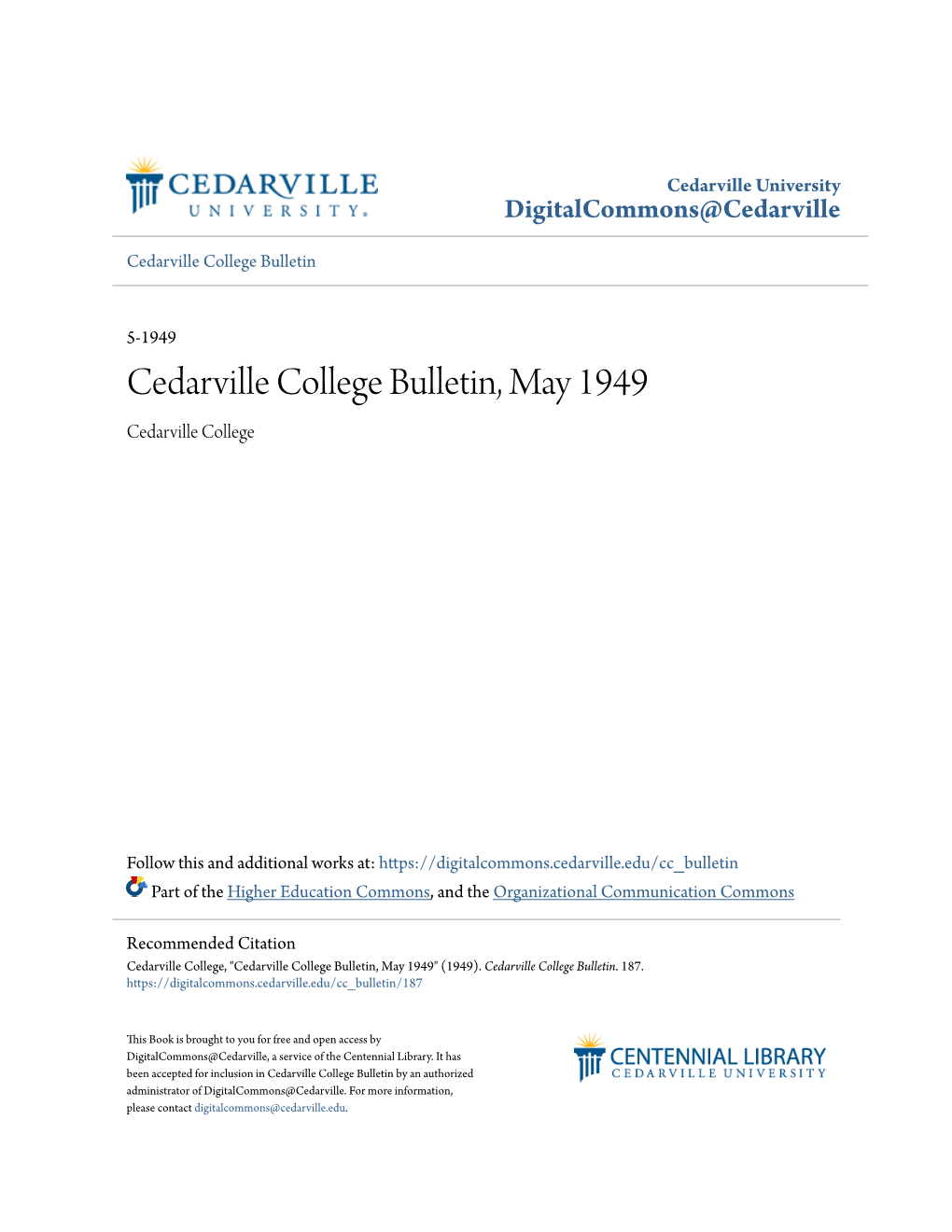 Cedarville College Bulletin, May 1949 Cedarville College