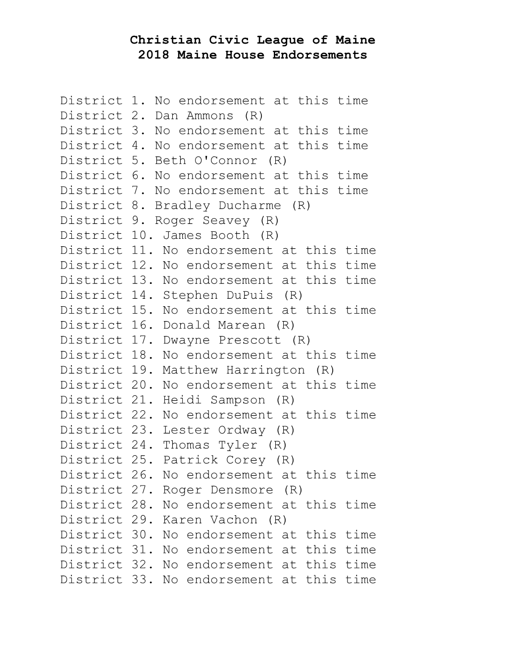Christian Civic League of Maine 2018 Maine House Endorsements District