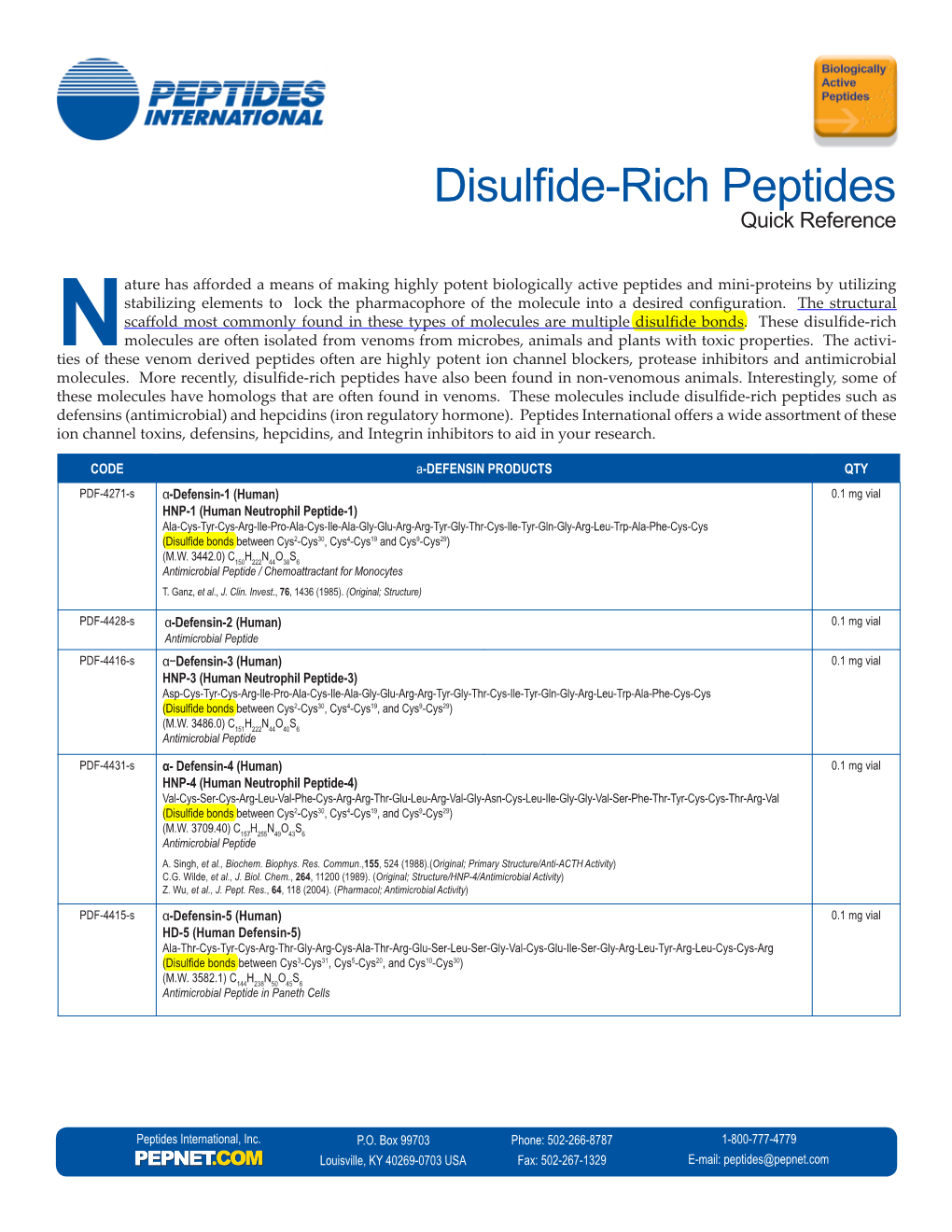 Disulfide-Rich Peptides Quick Reference