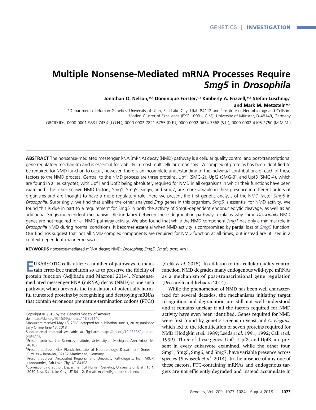 Multiple Nonsense-Mediated Mrna Processes Require Smg5 in Drosophila