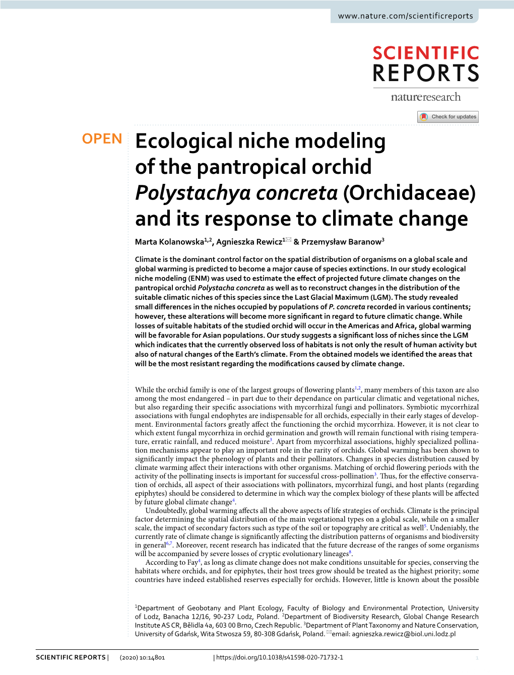 And Its Response to Climate Change Marta Kolanowska1,2, Agnieszka Rewicz1* & Przemysław Baranow3