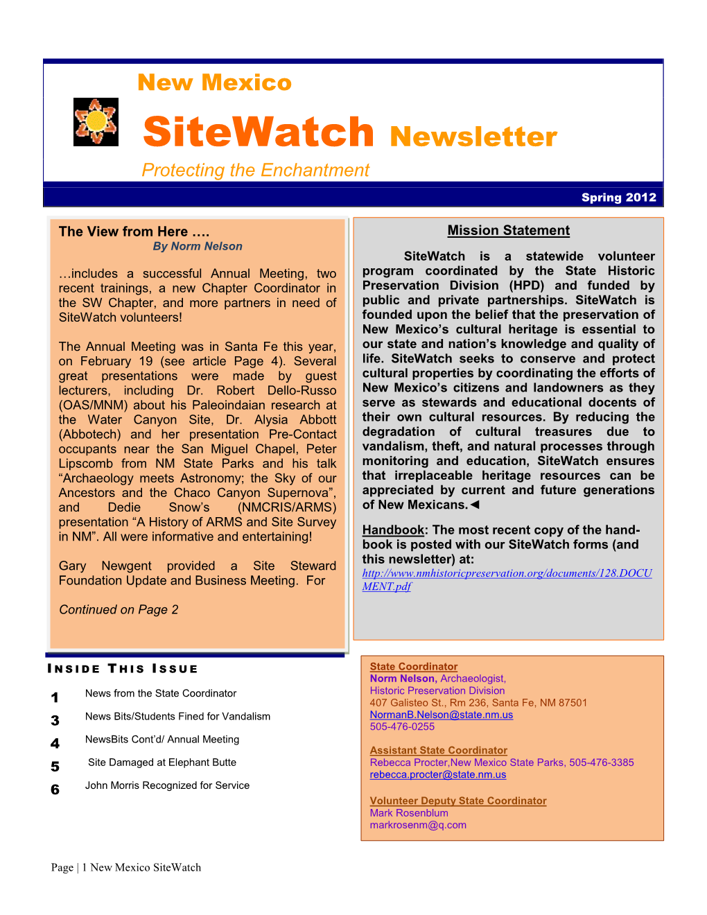 Sitewatch Newsletter Protecting the Enchantment Spring 2012