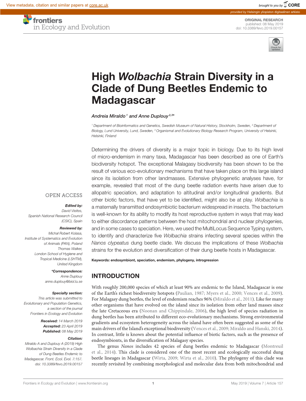 High Wolbachia Strain Diversity in a Clade of Dung Beetles Endemic to Madagascar