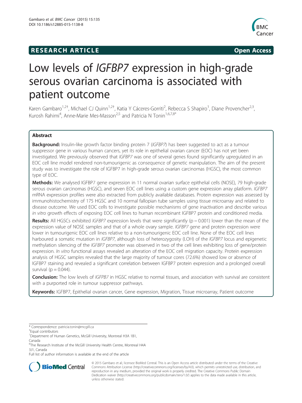 Low Levels of IGFBP7 Expression in High-Grade Serous Ovarian