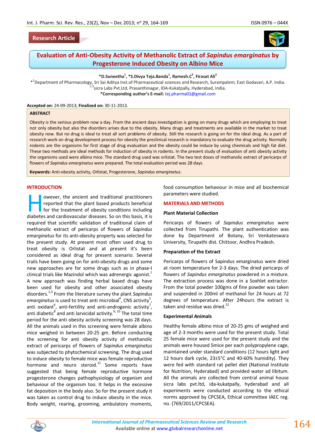 Evaluation of Anti-Obesity Activity of Methanolic Extract of Sapindus Emarginatus by Progesterone Induced Obesity on Albino Mice