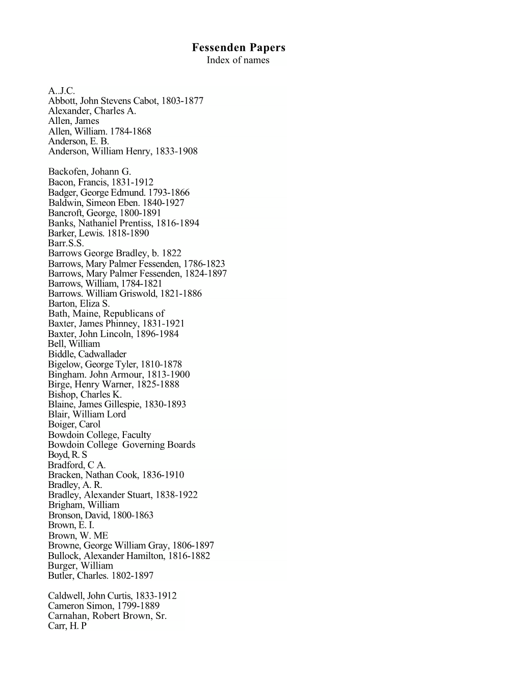 Fessenden Papers Index of Names