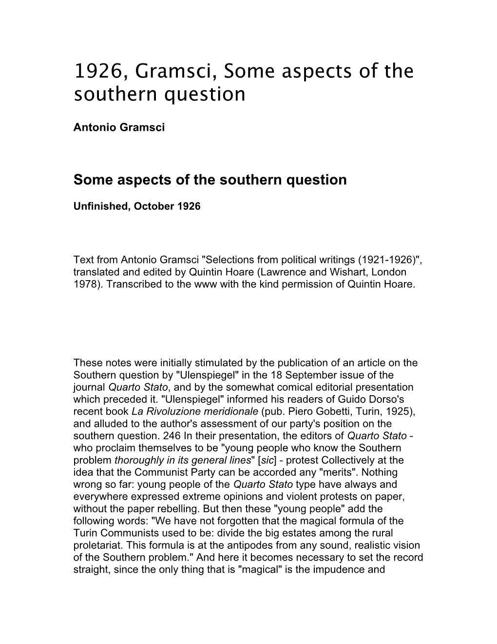 1926, Gramsci, Some Aspects of the Southern Question