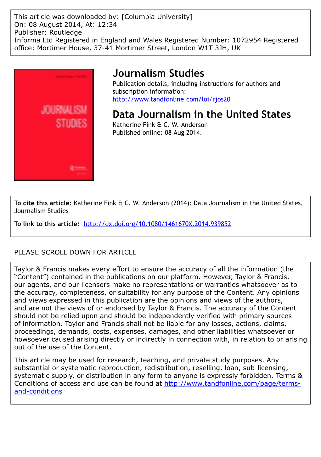 DATA JOURNALISM in the UNITED STATES. Beyond the “Usual Suspects”