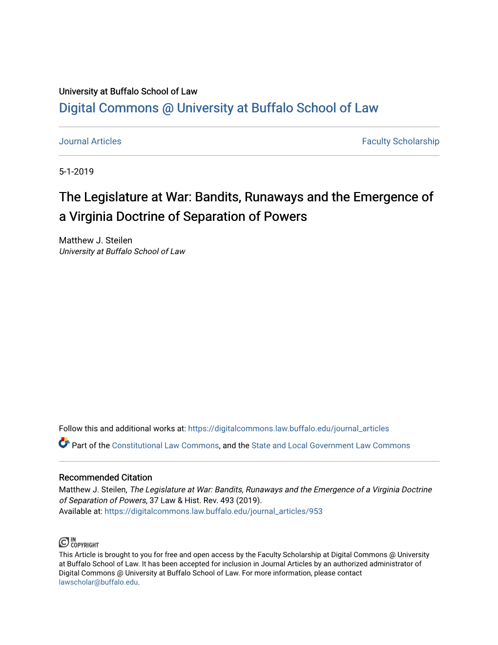 The Legislature at War: Bandits, Runaways and the Emergence of a Virginia Doctrine of Separation of Powers