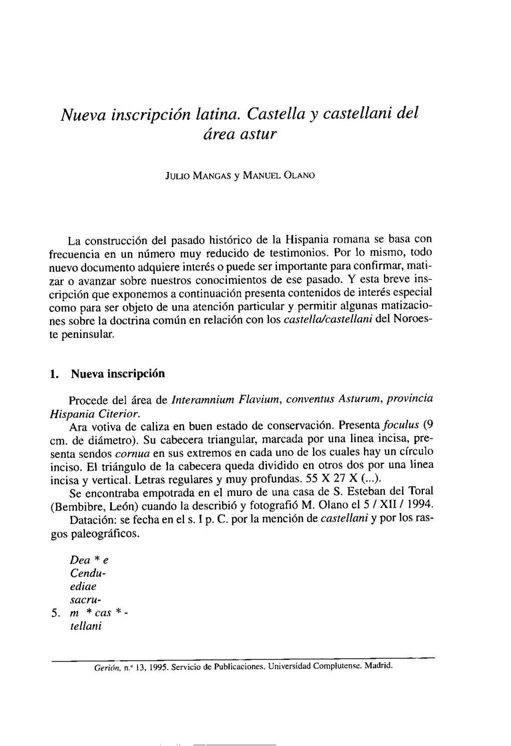 Nueva Inscripción Latina. Castella Y Castellani Del Área Astur