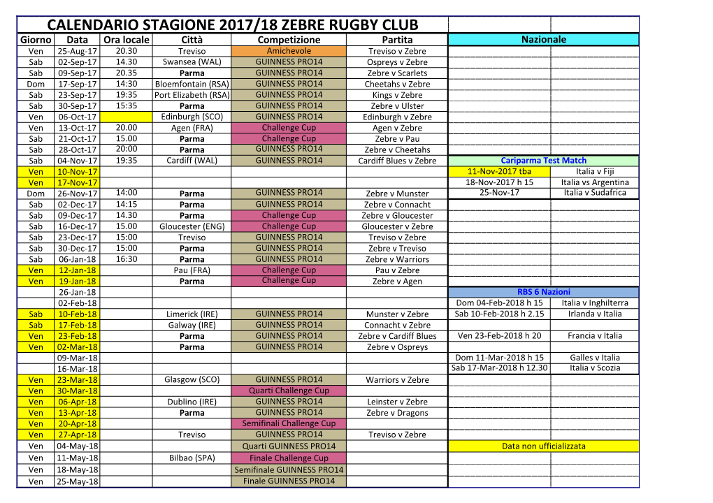 Calendario Stagione 2017/18 Zebre Rugby Club