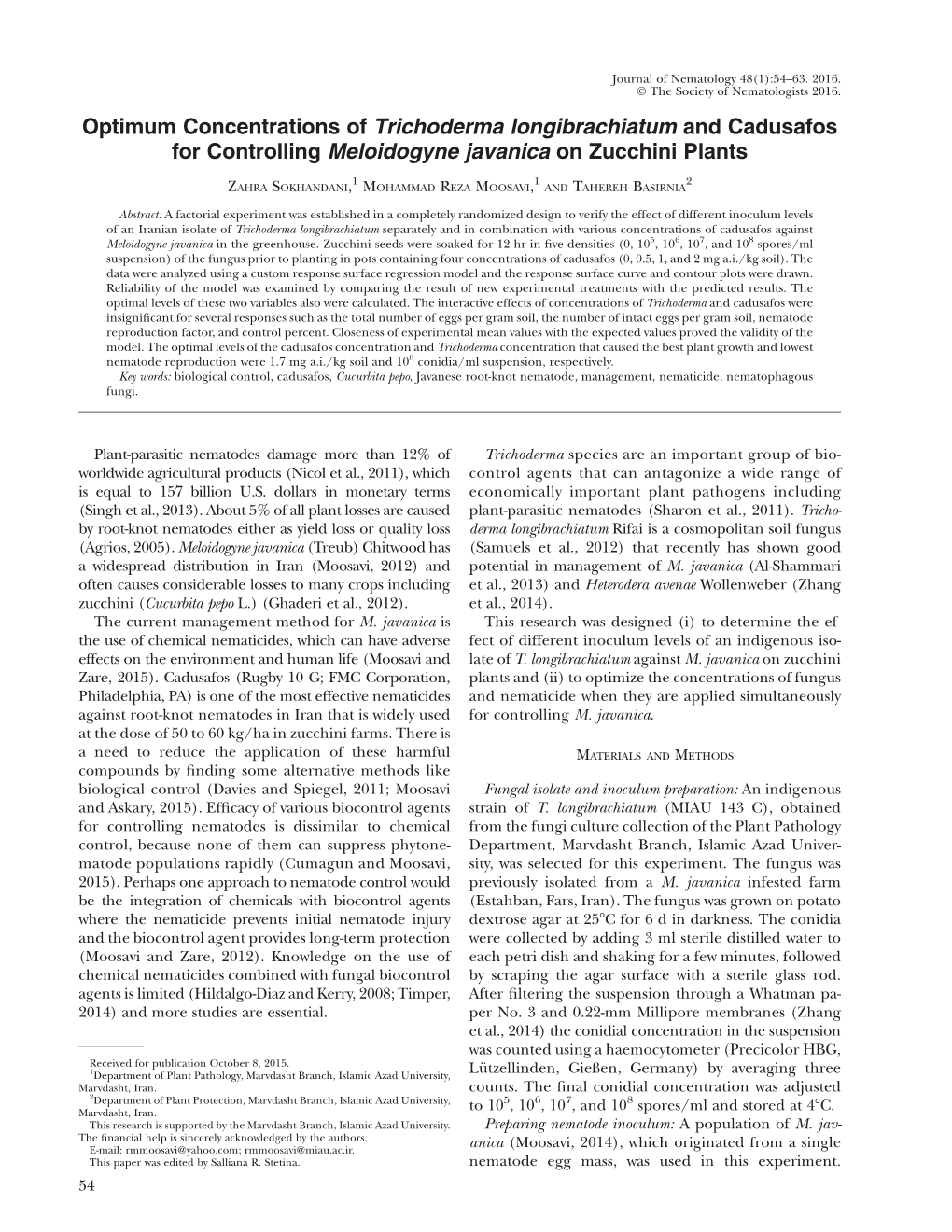 Optimum Concentrations of Trichoderma Longibrachiatum and Cadusafos for Controlling Meloidogyne Javanica on Zucchini Plants