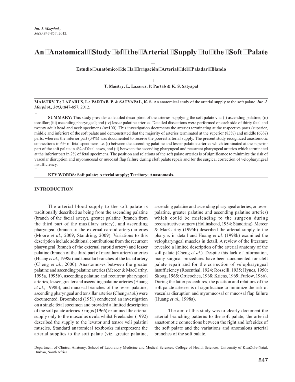 An Anatomical Study of the Arterial Supply to the Soft Palate