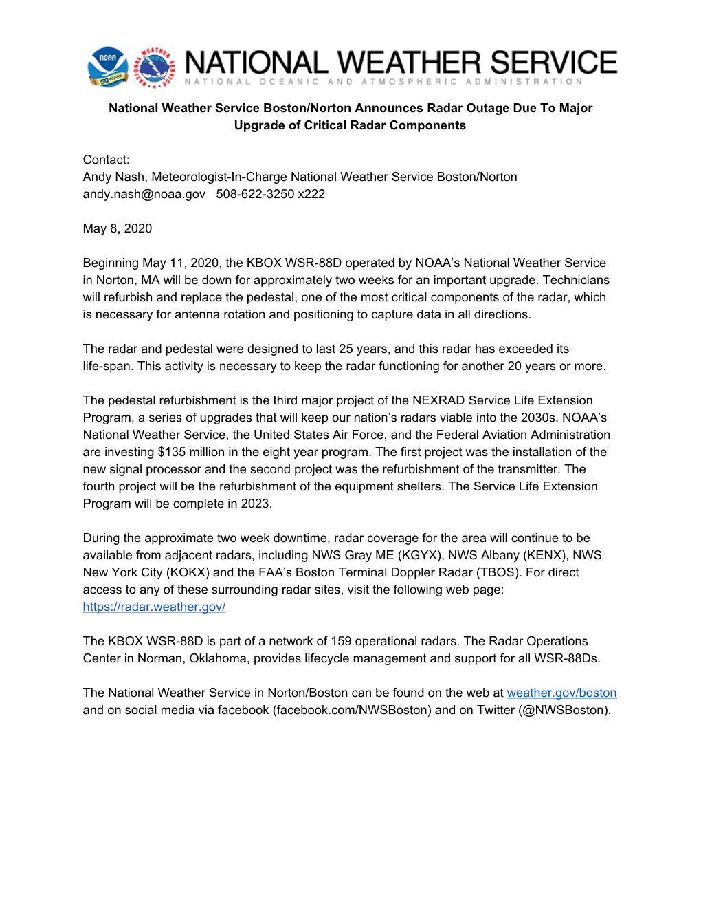 National Weather Service Boston/Norton Announces Radar Outage Due to Major Upgrade of Critical Radar Components