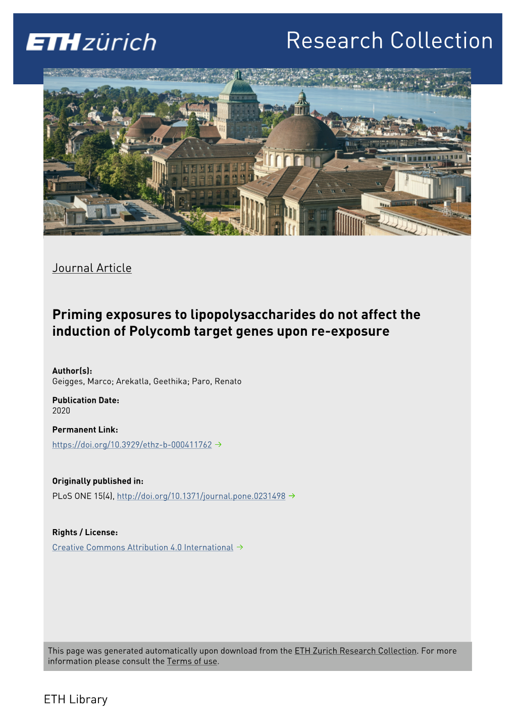 Priming Exposures to Lipopolysaccharides Do Not Affect the Induction of Polycomb Target Genes Upon Re-Exposure