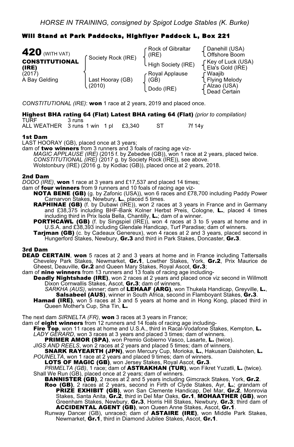 HORSE in TRAINING, Consigned by Spigot Lodge Stables (K