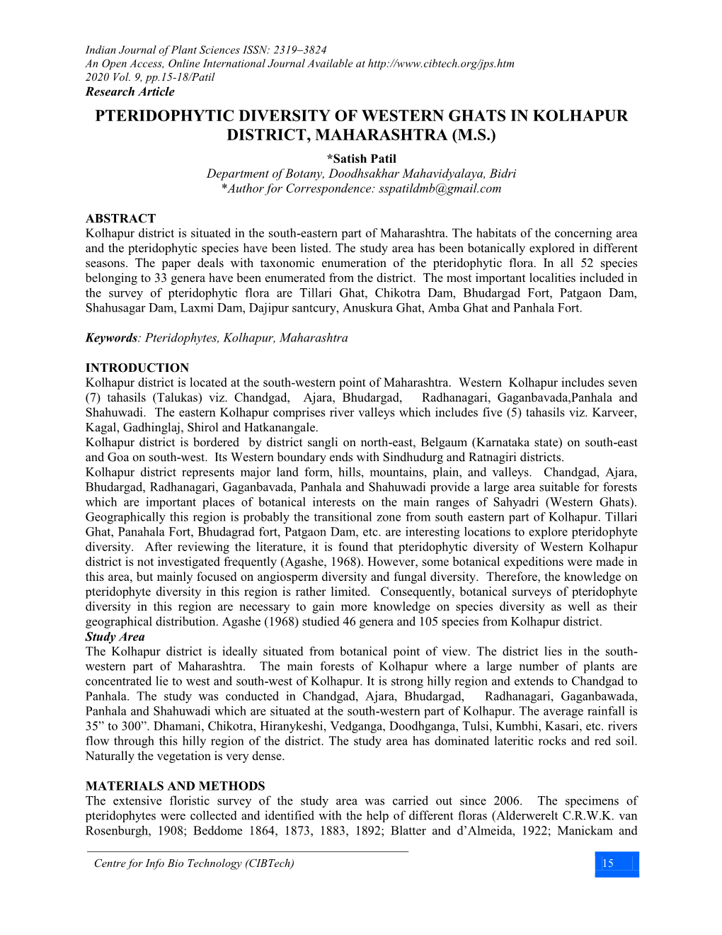 Pteridophytic Diversity of Western Ghats in Kolhapur District