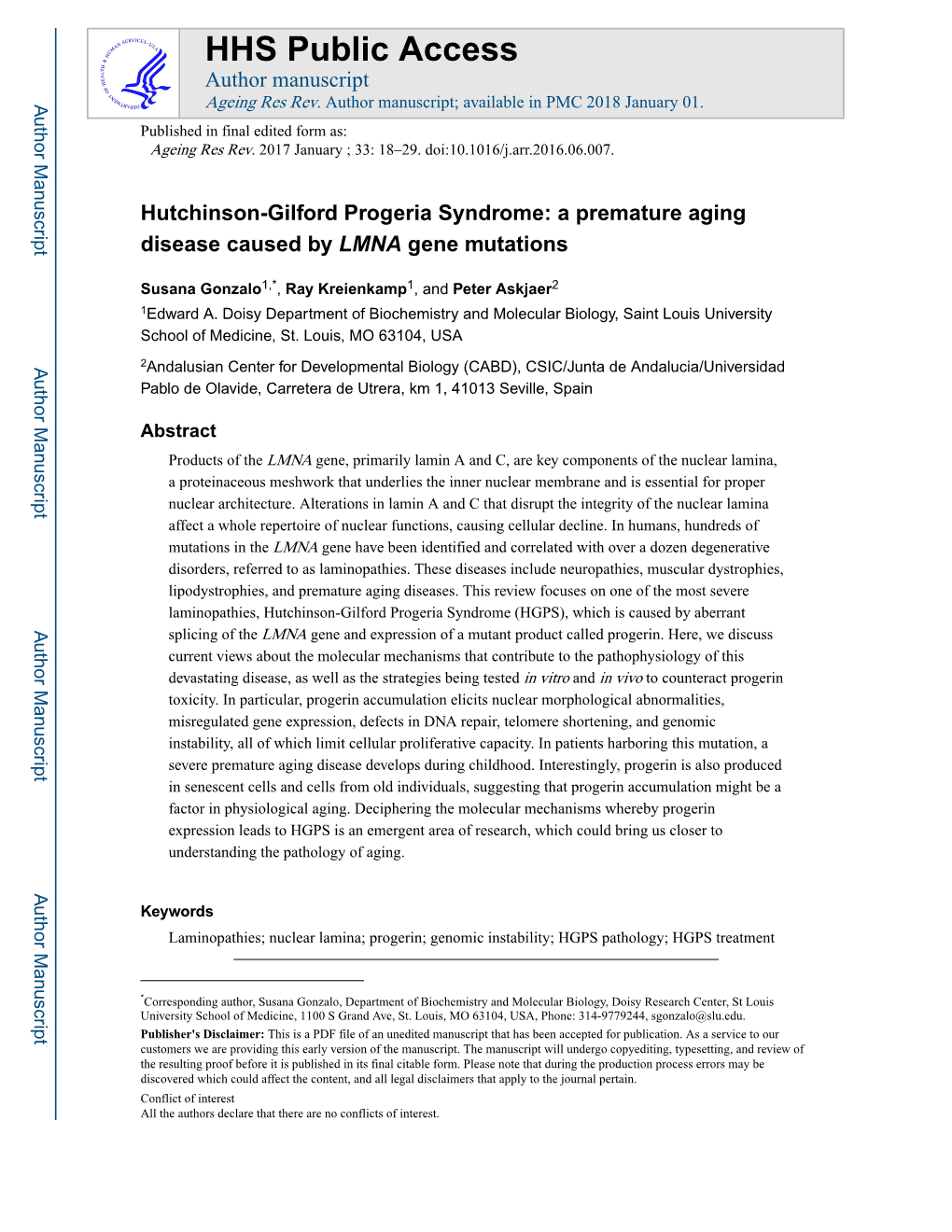 Hutchinson-Gilford Progeria Syndrome: a Premature Aging Disease Caused by LMNA Gene Mutations