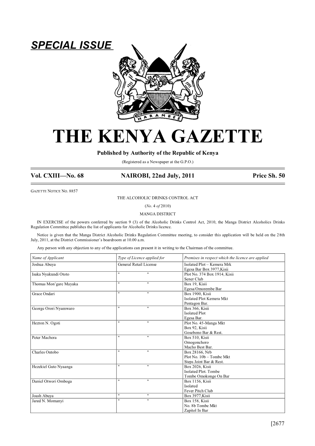 THE KENYA GAZETTE Published by Authority of the Republic of Kenya (Registered As a Newspaper at the G.P.O.)