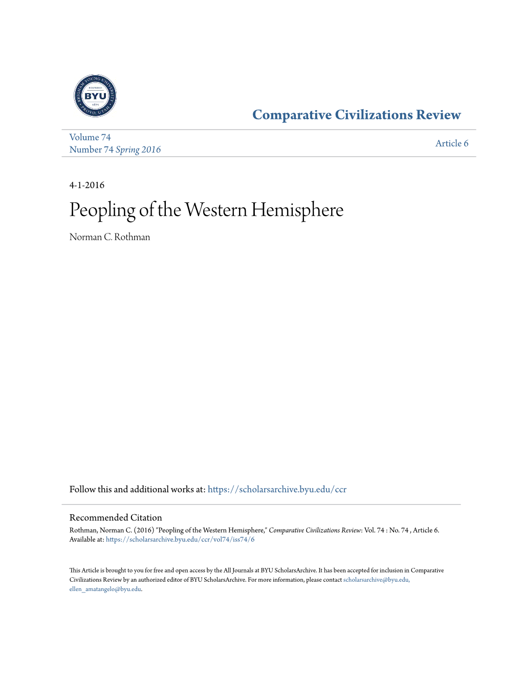 Peopling of the Western Hemisphere Norman C