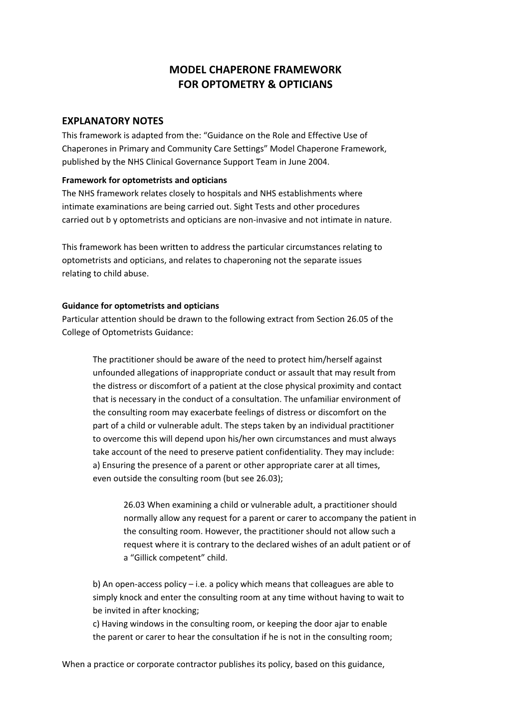 Chaperones in Primary and Community Care Settings Model Chaperone Framework