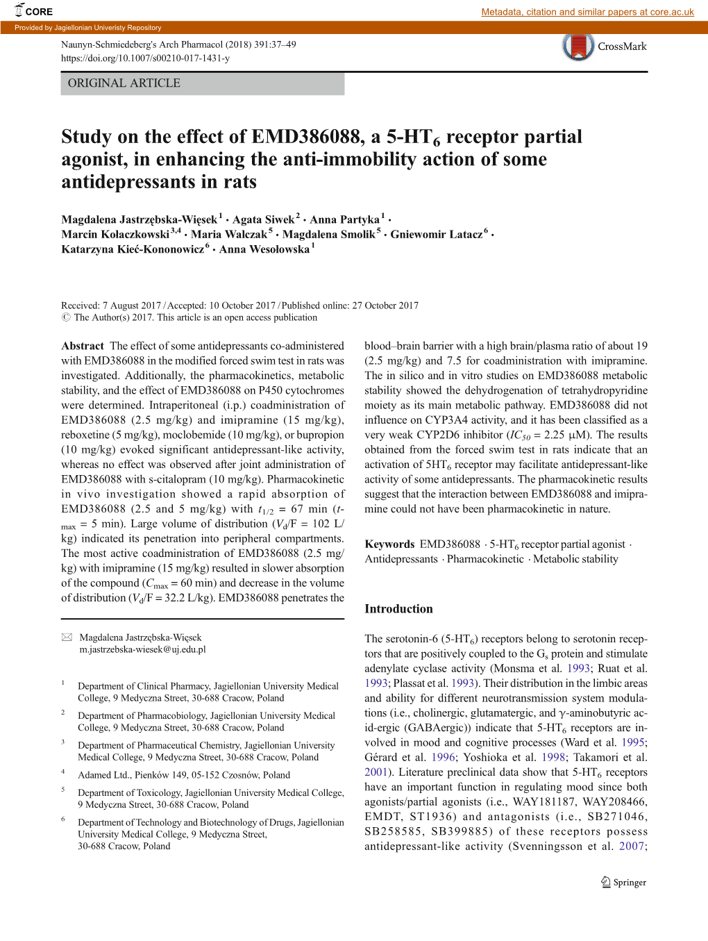 Study on the Effect of EMD386088, a 5-HT6 Receptor Partial Agonist, in Enhancing the Anti-Immobility Action of Some Antidepressants in Rats