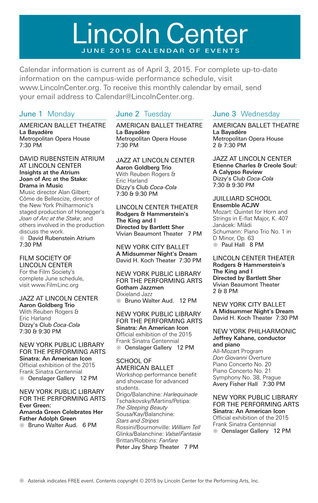 June 2015 Calendar of Events