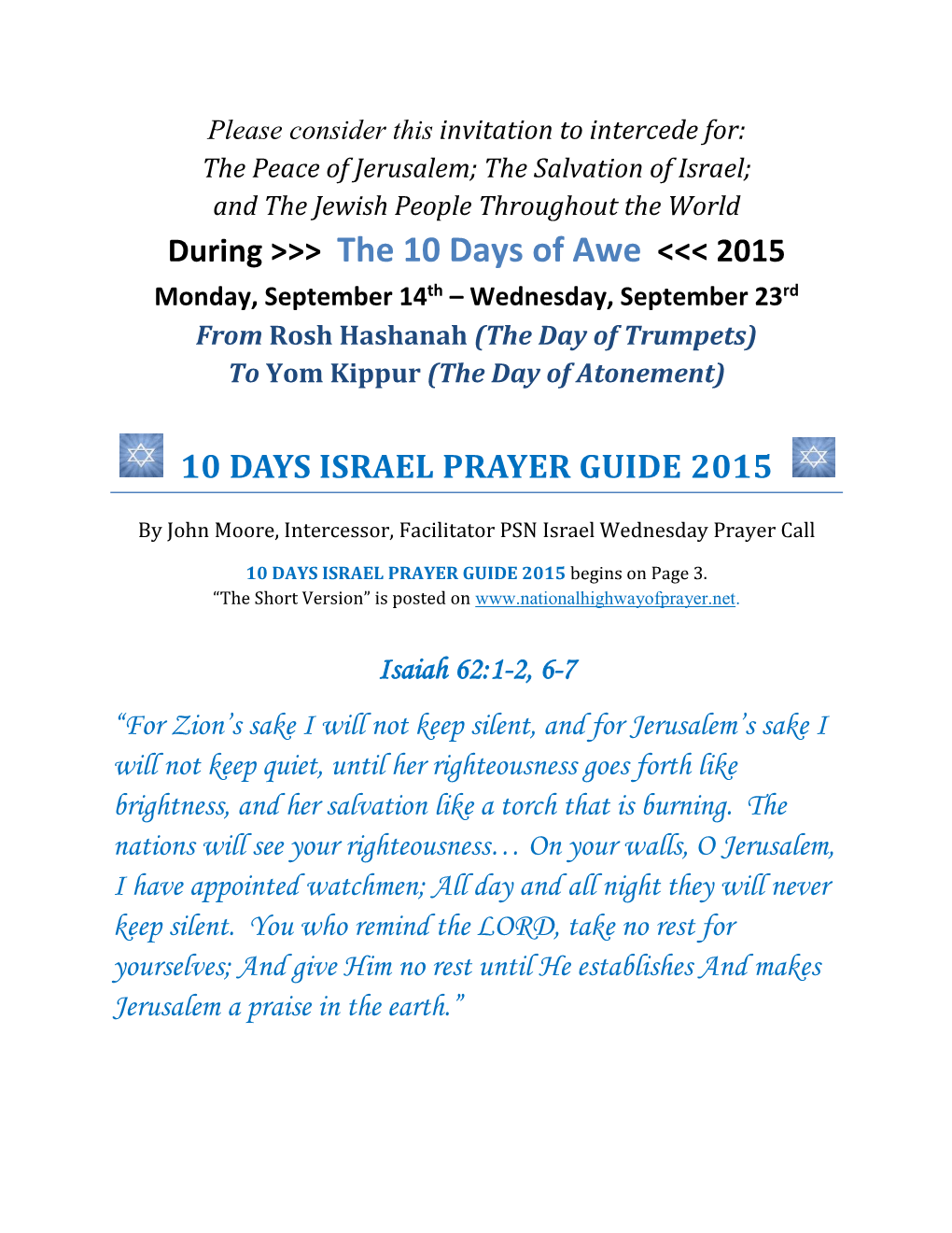 2015 10 Days Israel Prayer Guide 2015