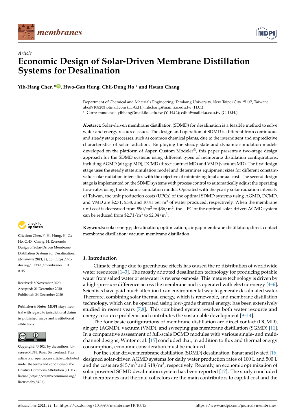 Economic Design of Solar-Driven Membrane Distillation Systems for Desalination