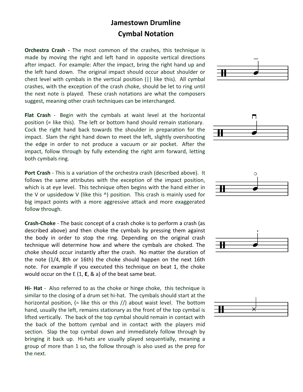 Jamestown Drumline Cymbal Notation