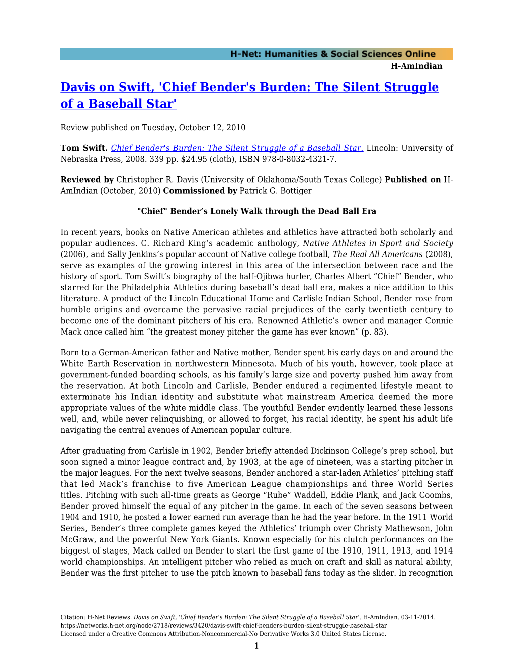 'Chief Bender's Burden: the Silent Struggle of a Baseball Star'