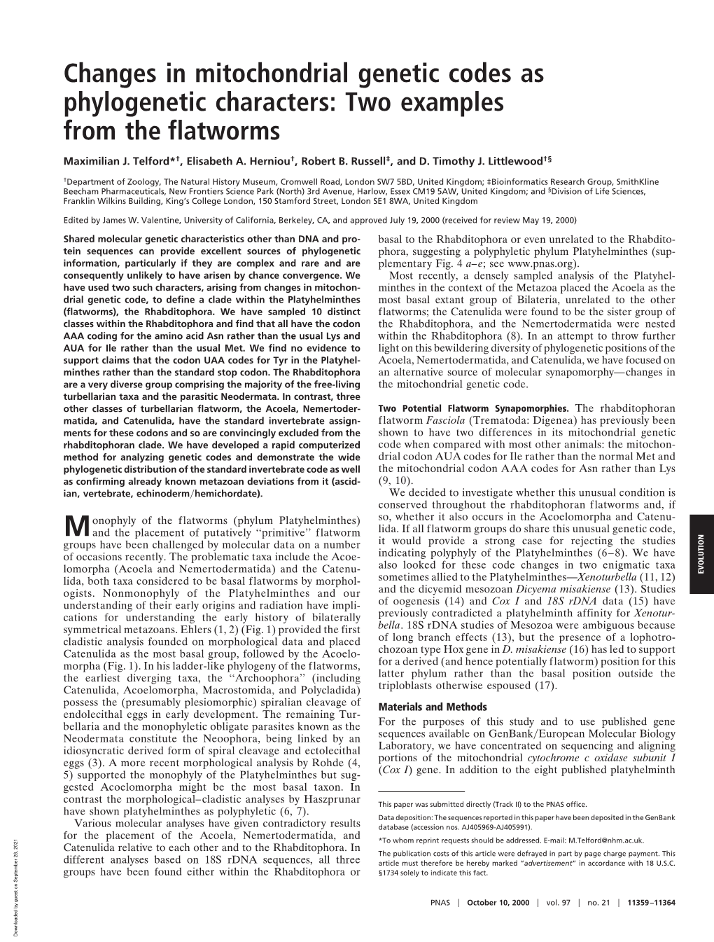 Changes in Mitochondrial Genetic Codes As Phylogenetic Characters: Two Examples from the Flatworms