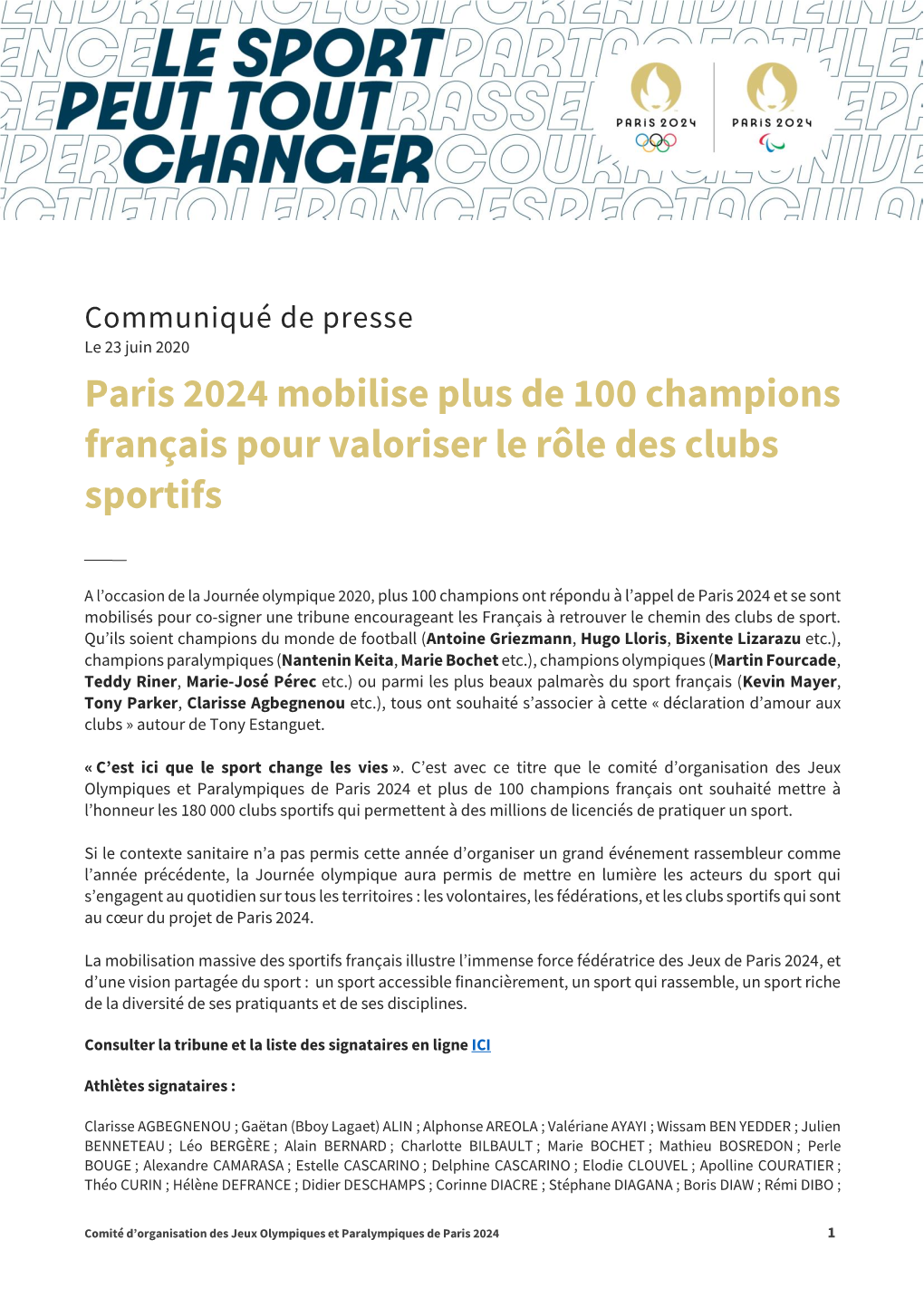 Paris 2024 Mobilise Plus De 100 Champions Français Pour Valoriser Le Rôle Des Clubs Sportifs