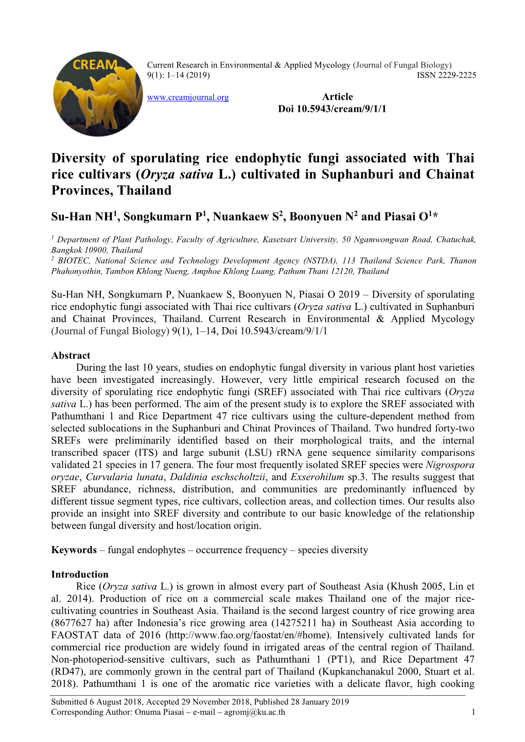 Diversity of Sporulating Rice Endophytic Fungi Associated with Thai Rice Cultivars (Oryza Sativa L.) Cultivated in Suphanburi and Chainat Provinces, Thailand